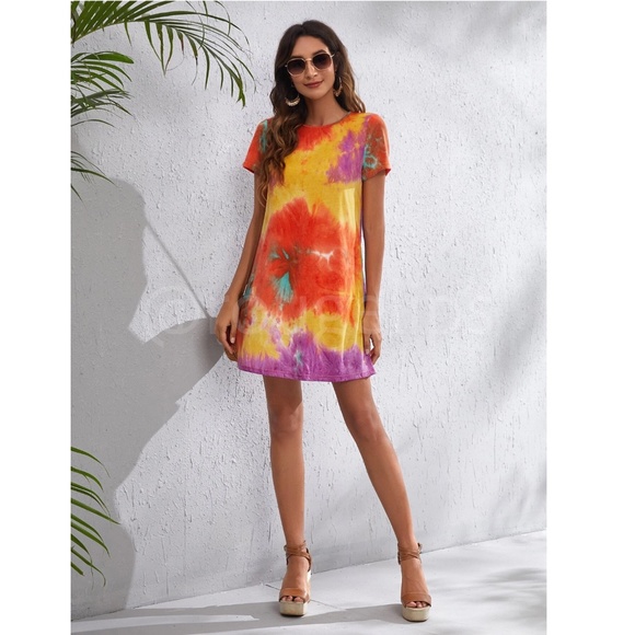 Bright Tie Dye Print Mini Tee Shirt Dress Short Sleeve Orange Yellow A-Line - Picture 5 of 7